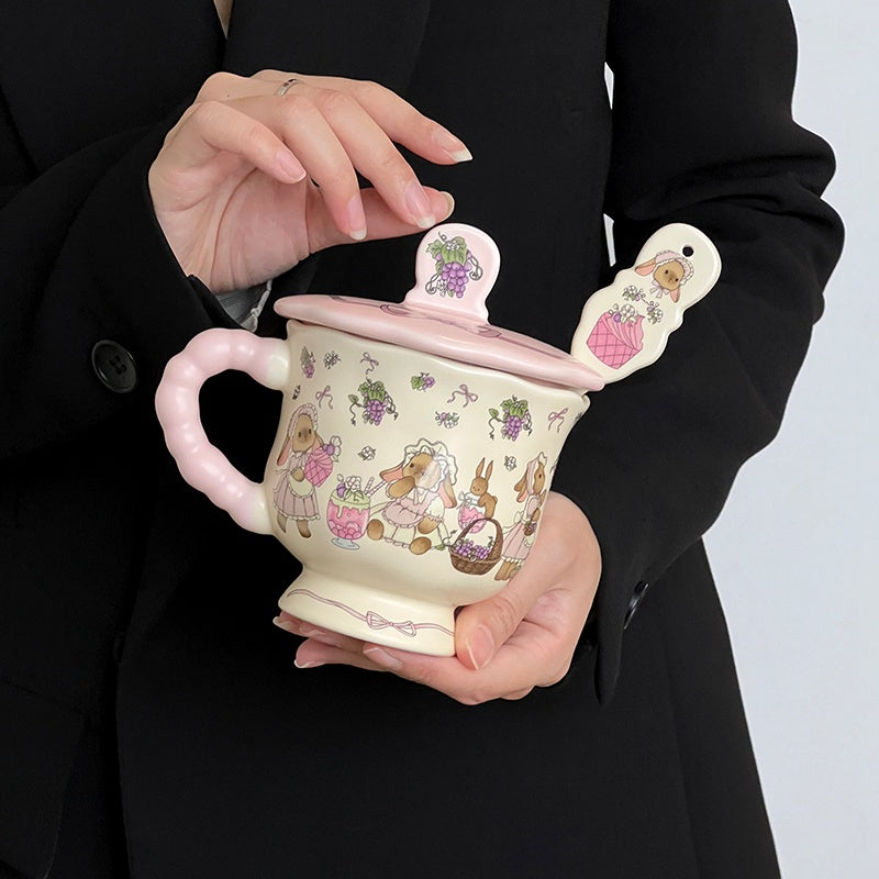 Cute Bunny & Grape Ceramic Mug with Lid & Spoon - Pink Floral Rabbit Design Coffee Tea Cup