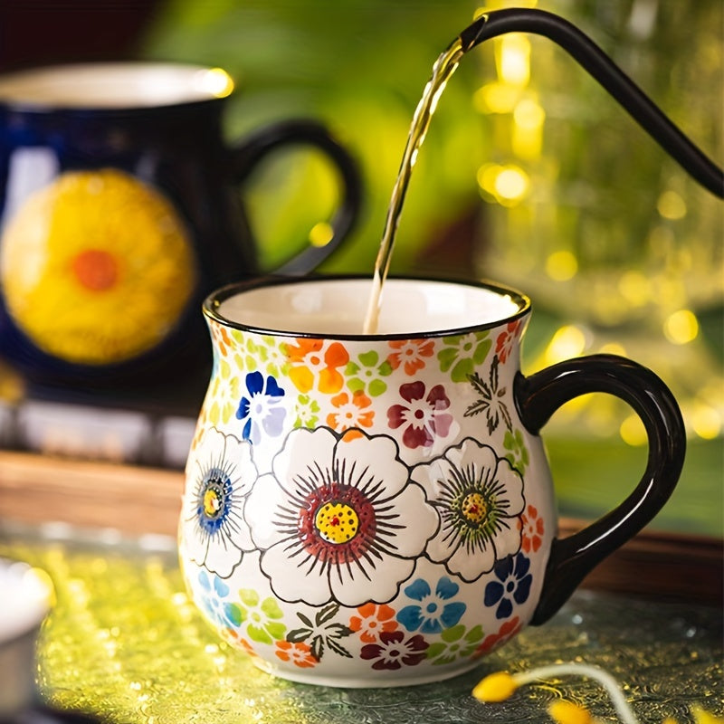 1pc Elegant Hand-Painted Floral Ceramic Mug with Handle - Microwave Safe, Insulated for Hot & Cold Drinks