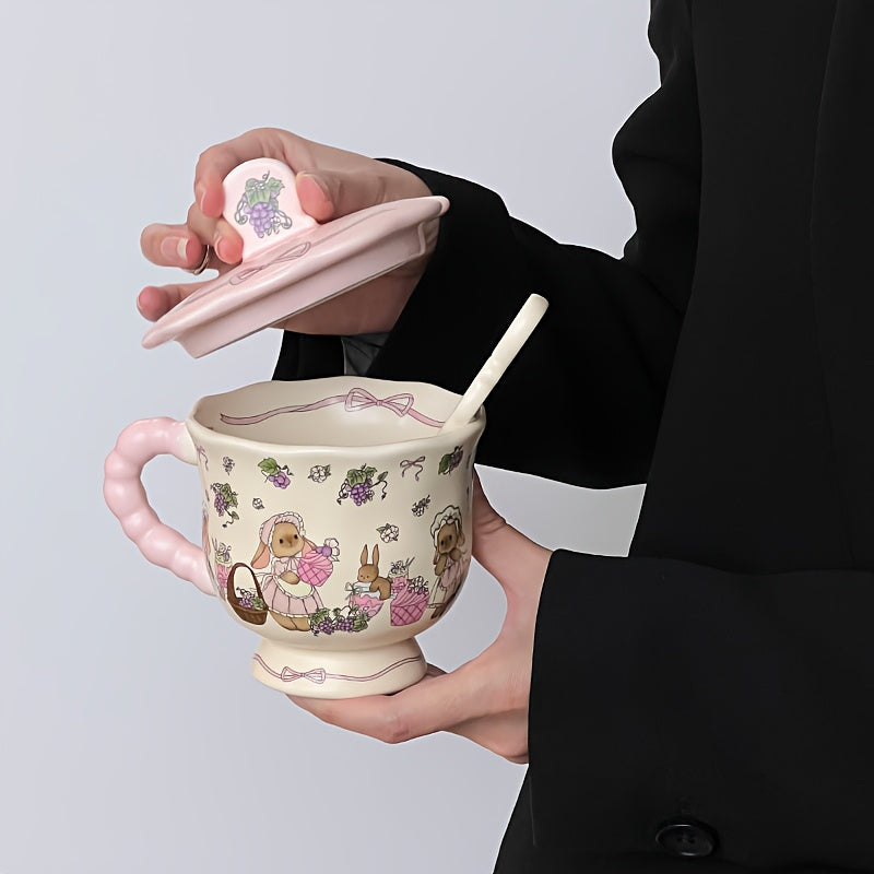 Cute Bunny & Grape Ceramic Mug with Lid & Spoon - Pink Floral Rabbit Design Coffee Tea Cup