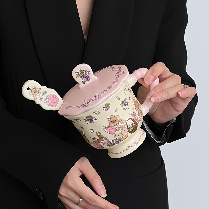 Cute Bunny & Grape Ceramic Mug with Lid & Spoon - Pink Floral Rabbit Design Coffee Tea Cup