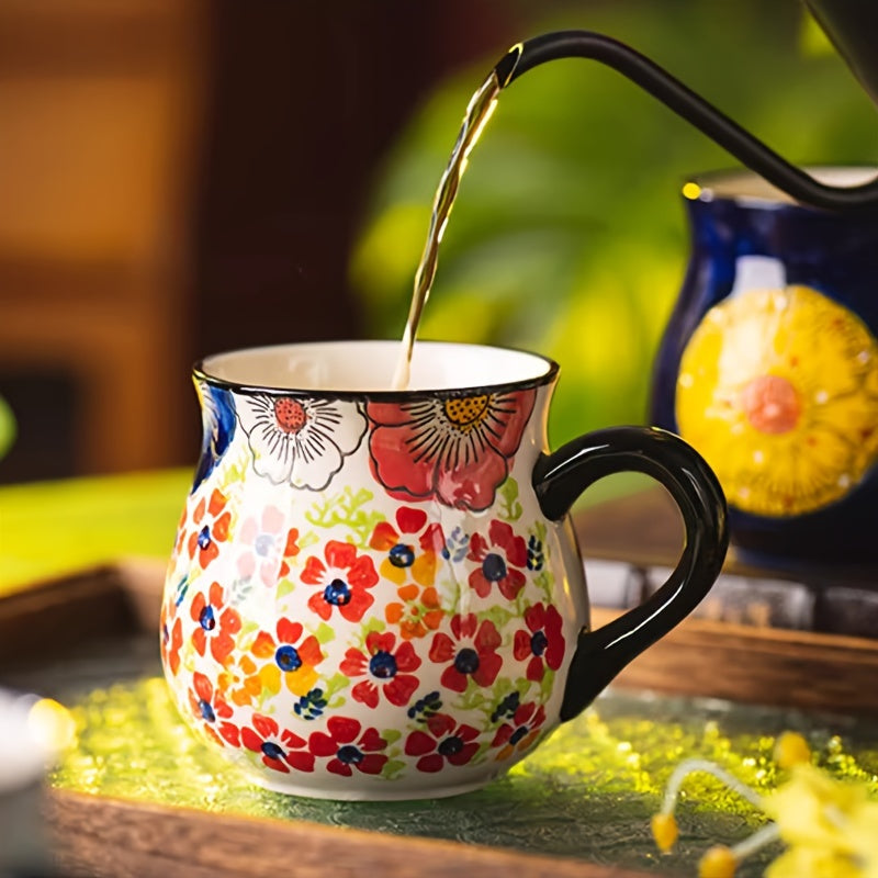 1pc Elegant Hand-Painted Floral Ceramic Mug with Handle - Microwave Safe, Insulated for Hot & Cold Drinks