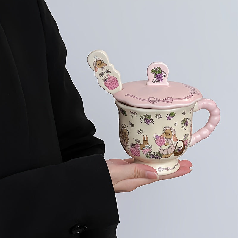 Cute Bunny & Grape Ceramic Mug with Lid & Spoon - Pink Floral Rabbit Design Coffee Tea Cup