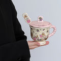 Cute Bunny & Grape Ceramic Mug with Lid & Spoon - Pink Floral Rabbit Design Coffee Tea Cup