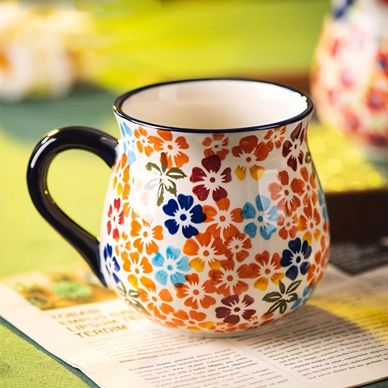 1pc Elegant Hand-Painted Floral Ceramic Mug with Handle - Microwave Safe, Insulated for Hot & Cold Drinks