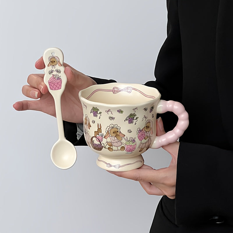 Cute Bunny & Grape Ceramic Mug with Lid & Spoon - Pink Floral Rabbit Design Coffee Tea Cup