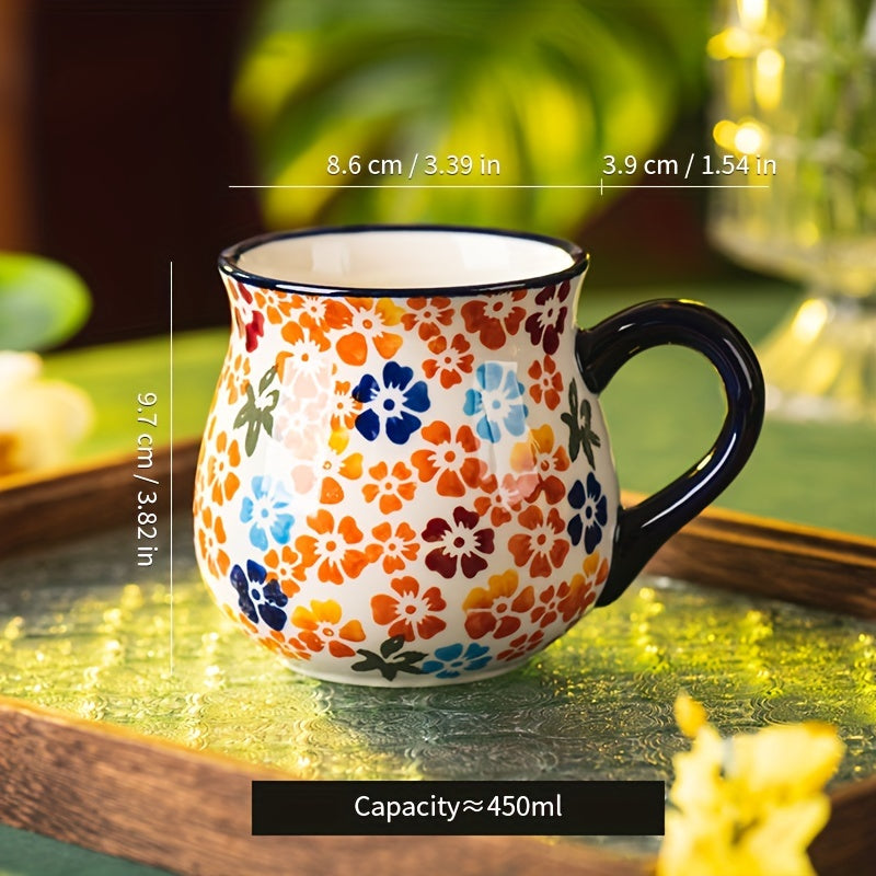 1pc Elegant Hand-Painted Floral Ceramic Mug with Handle - Microwave Safe, Insulated for Hot & Cold Drinks