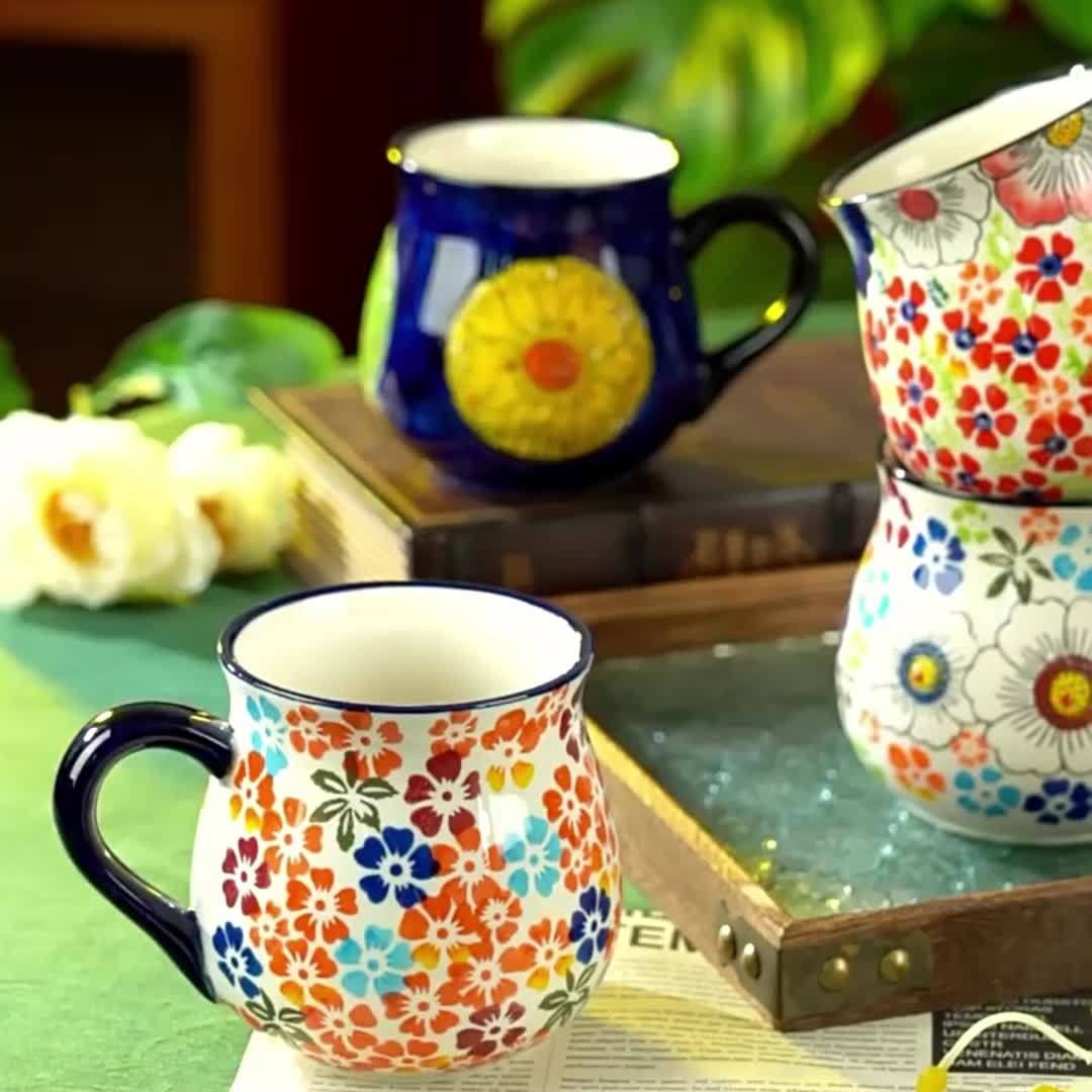1pc Elegant Hand-Painted Floral Ceramic Mug with Handle - Microwave Safe, Insulated for Hot & Cold Drinks