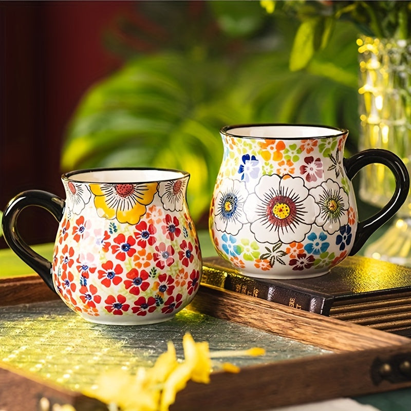 1pc Elegant Hand-Painted Floral Ceramic Mug with Handle - Microwave Safe, Insulated for Hot & Cold Drinks
