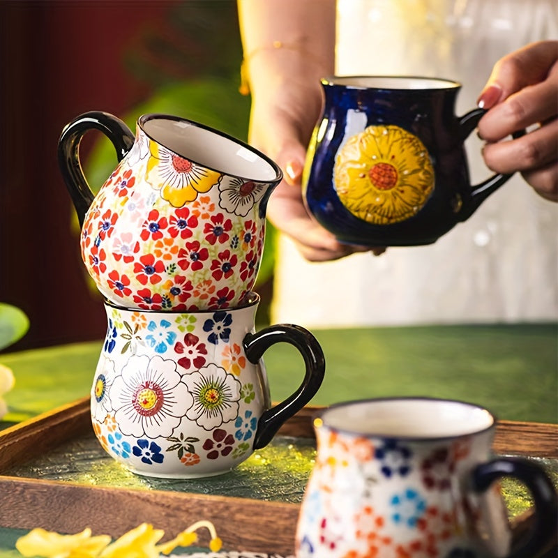 1pc Elegant Hand-Painted Floral Ceramic Mug with Handle - Microwave Safe, Insulated for Hot & Cold Drinks