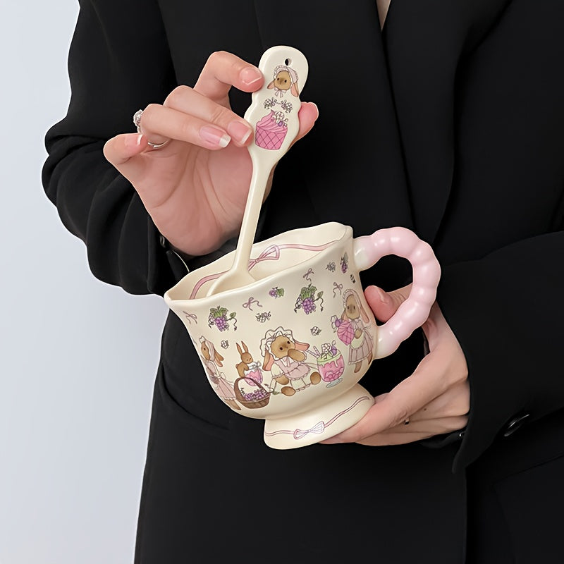 Cute Bunny & Grape Ceramic Mug with Lid & Spoon - Pink Floral Rabbit Design Coffee Tea Cup