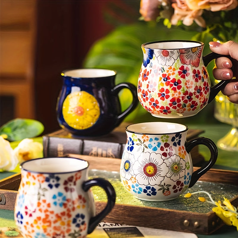 1pc Elegant Hand-Painted Floral Ceramic Mug with Handle - Microwave Safe, Insulated for Hot & Cold Drinks