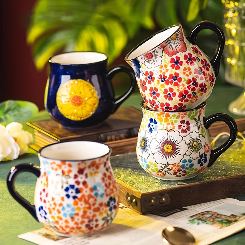 1pc Elegant Hand-Painted Floral Ceramic Mug with Handle - Microwave Safe, Insulated for Hot & Cold Drinks