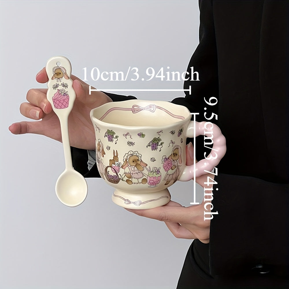 Cute Bunny & Grape Ceramic Mug with Lid & Spoon - Pink Floral Rabbit Design Coffee Tea Cup