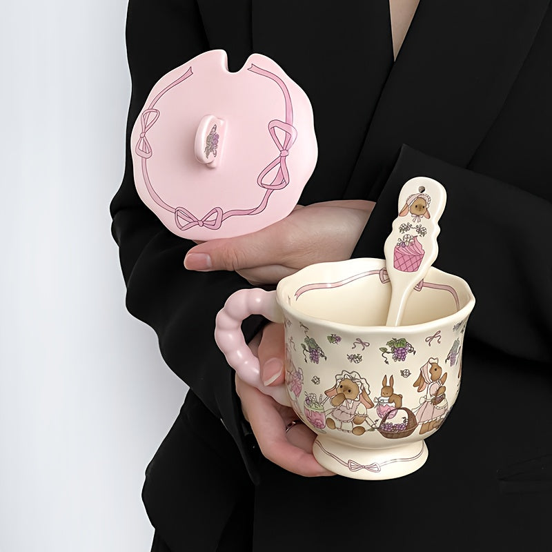 Cute Bunny & Grape Ceramic Mug with Lid & Spoon - Pink Floral Rabbit Design Coffee Tea Cup