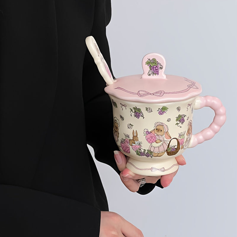 Cute Bunny & Grape Ceramic Mug with Lid & Spoon - Pink Floral Rabbit Design Coffee Tea Cup