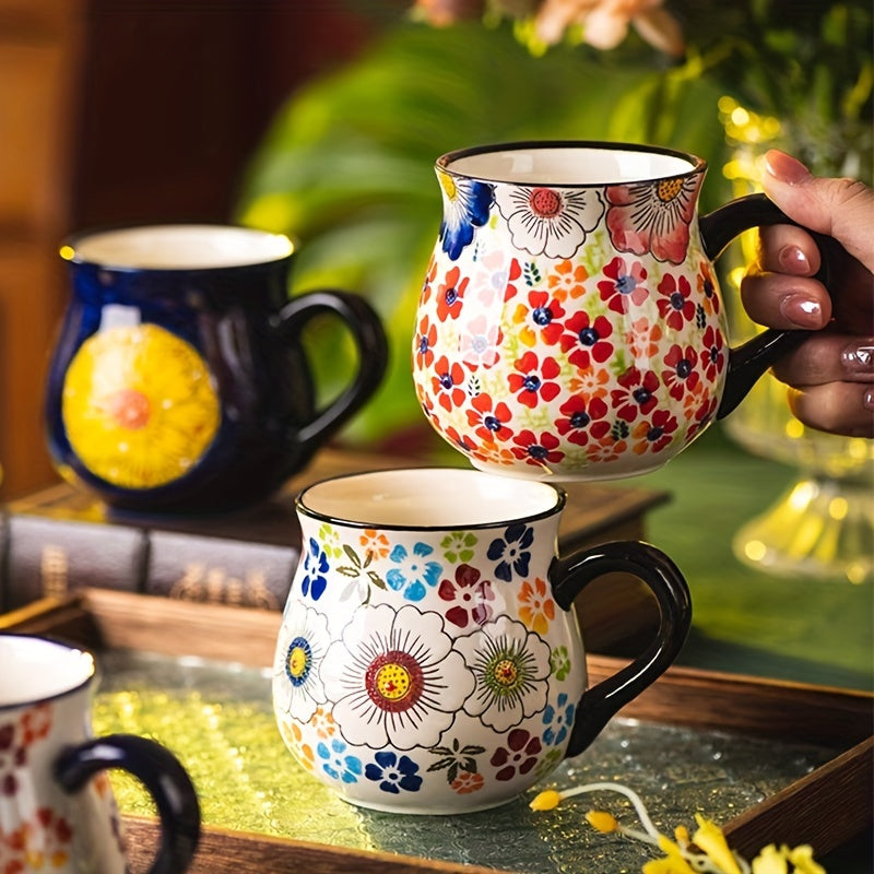 1pc Elegant Hand-Painted Floral Ceramic Mug with Handle - Microwave Safe, Insulated for Hot & Cold Drinks
