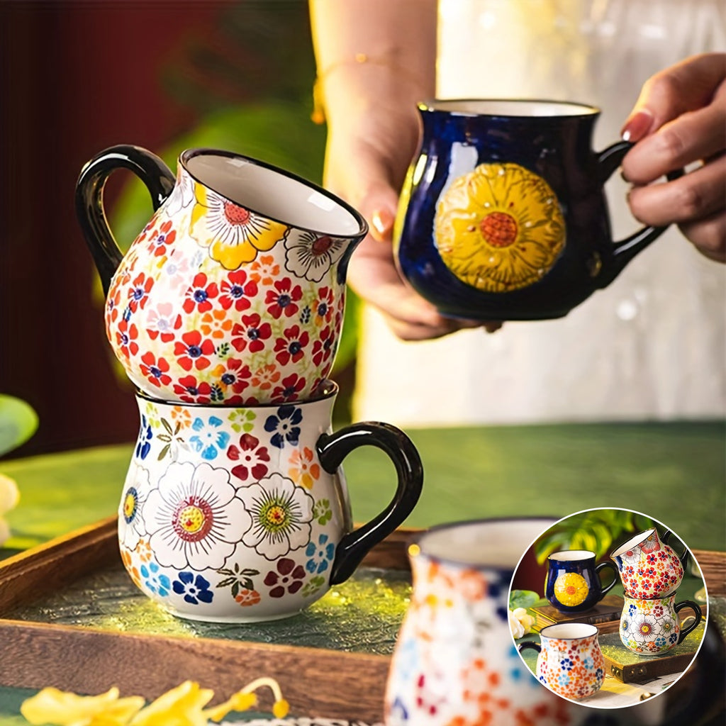 1pc Elegant Hand-Painted Floral Ceramic Mug with Handle - Microwave Safe, Insulated for Hot & Cold Drinks